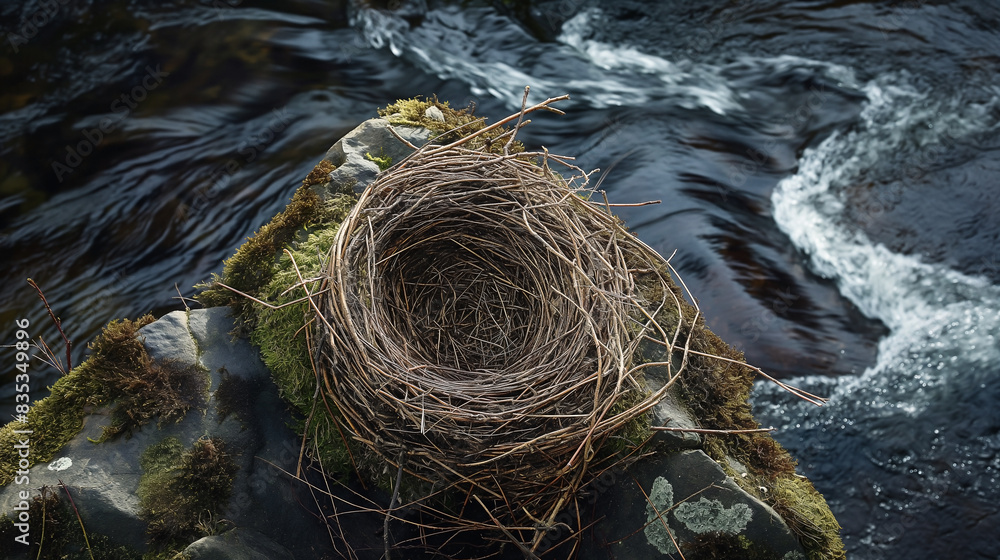 close-up view of a bird nest without birds, perched high above a breathtaking river below close-up view of a bird nest without birds, perched high above a breathtaking river below