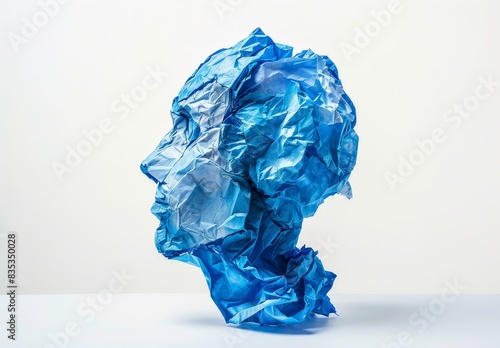 The concept of mental health anxiety and stress as a person in panic, embittered by fear and in pain, represented as crumpled paper representing mental health symptoms. photo