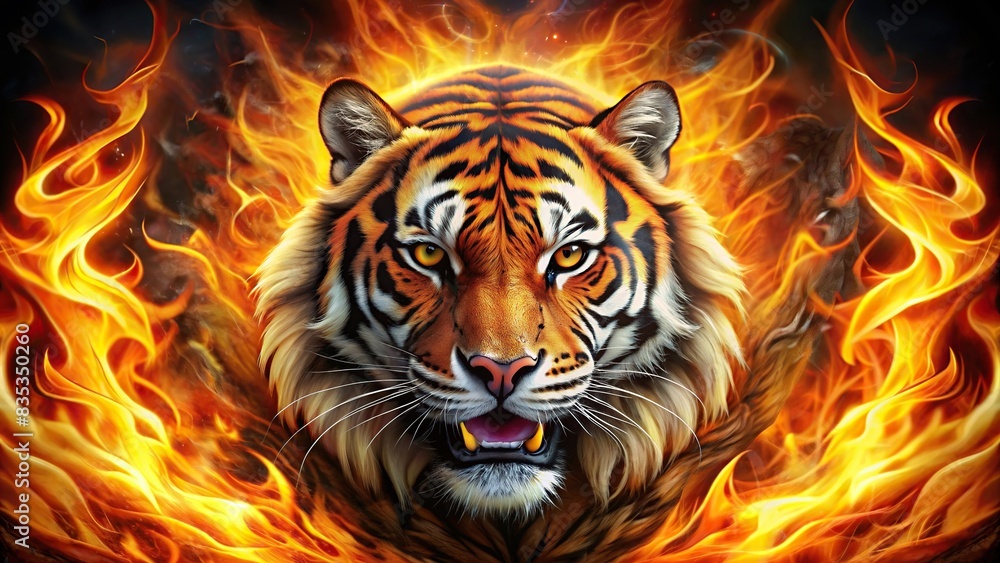 Fierce tiger engulfed in flames design, tiger, fire, flame,design, wild, ferocious, predator, orange, red, black, dangerous, powerful, animal, exotic, roaring, heat, symbol