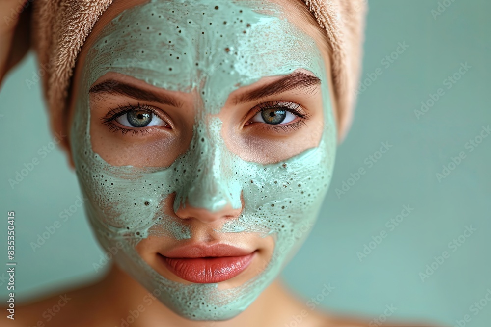 Young woman with a green face mask on and towel on her head Young woman with a green face mask on and towel on her head