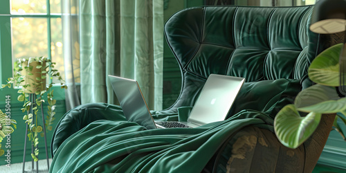 Emerald Green Laptop Lounge: Cozy reading nook with a plush chair, green velvet blnket photo