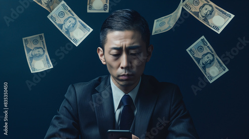 Japanese salaryman in a dark, sharp suit, texting with someone on his phone. He has a worried and depressed expression on his face.  photo