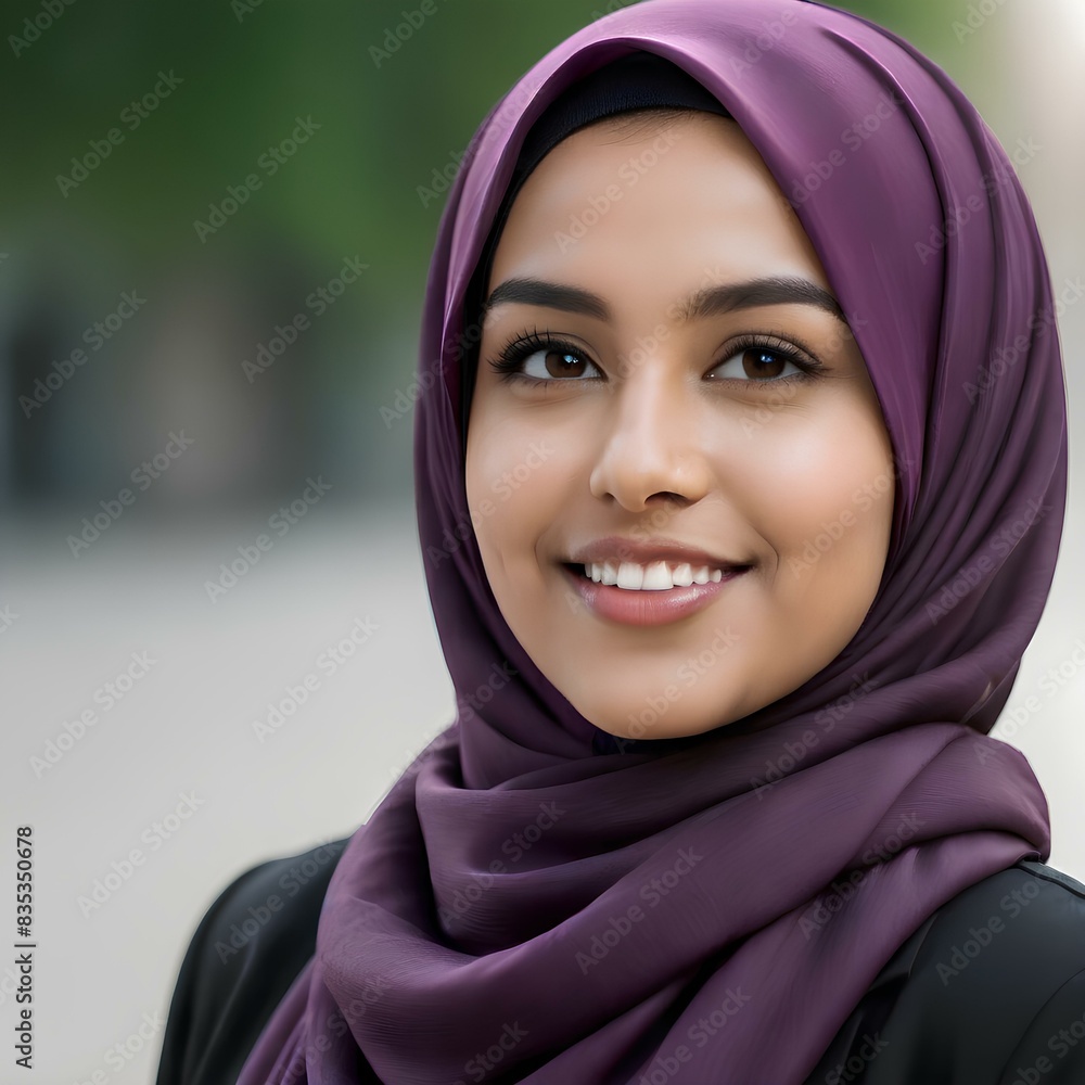 Arabic warm and friendly photo of a young hijab 25 years woman smiling brightly. 