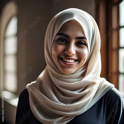 Arabic warm and friendly photo of a young hijab 25 years woman smiling brightly. 