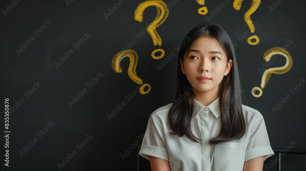 Thai young university female student in a white shirt with short sleeves sitting alone and thinking. She has a thoughtful expression on her face and is posed in a thinking position Thai young university female student in a white shirt with short sleeves sitting alone and thinking. She has a thoughtful expression on her face and is posed in a thinking position