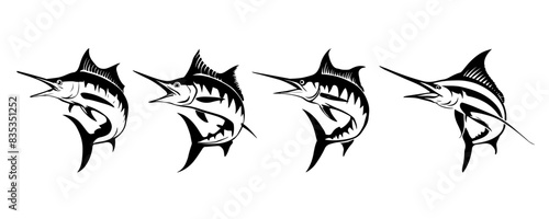 Set of Marlin Fish Jump Hand Drawn Illustration Isolated