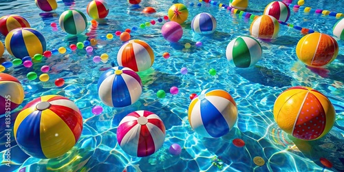 Vibrant beach balls and party streamers in a pool , beach, pool, colorful, balls, floating, party, streamers, summertime, fun, relaxation, vacation, water, decorations, inflatable, poolside photo
