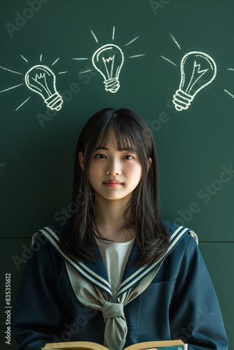 Japanese girl in a student sailor uniform, with smooth medium long hair and bangs, sitting alone and reading a book,with a few hand-drawn light bulbs created by chalk,  photo