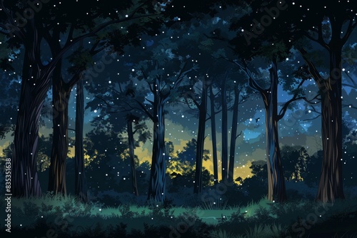 Magical night in forest with twinkling stars and fireflies