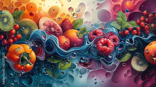 Abstract art featuring a fusion of futuristic elements, healthy foods, and nature. The composition includes vibrant and colorful depictions of fruits photo