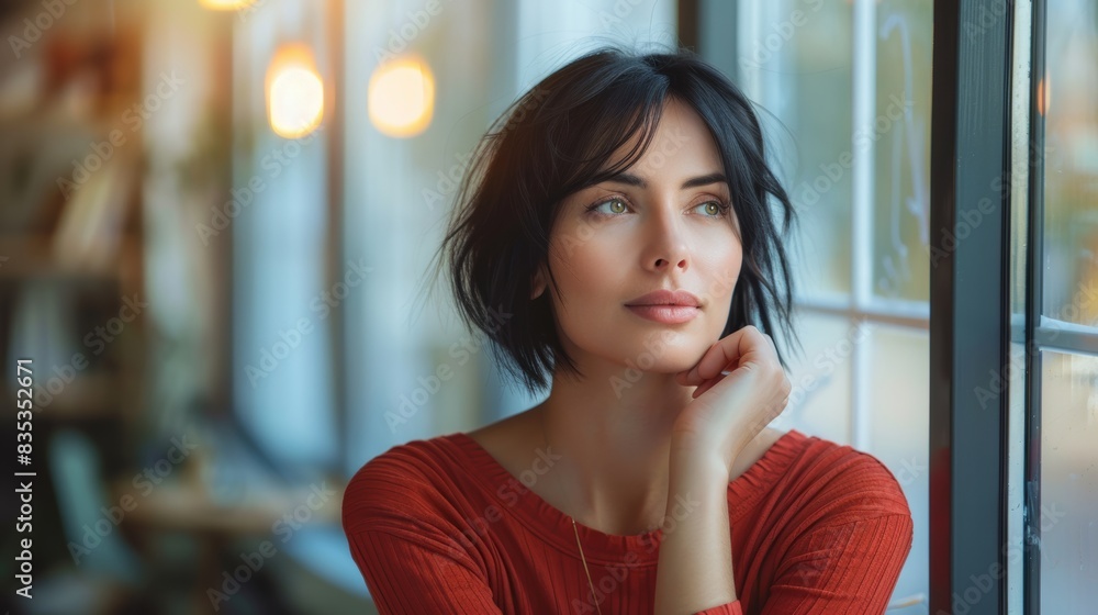 40-year-old slim woman with short black hair thinks while sitting at work, cafe in a red top 40-year-old slim woman with short black hair thinks while sitting at work, cafe in a red top