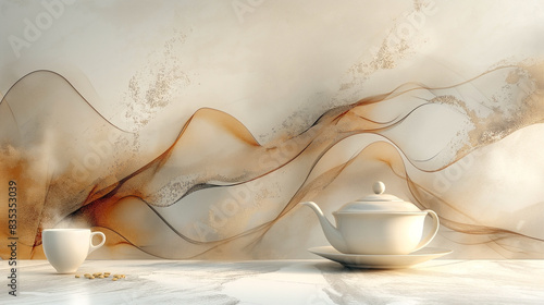 Abstract art illustration featuring a porcelain tea pot, elements of charm, and coffee photo