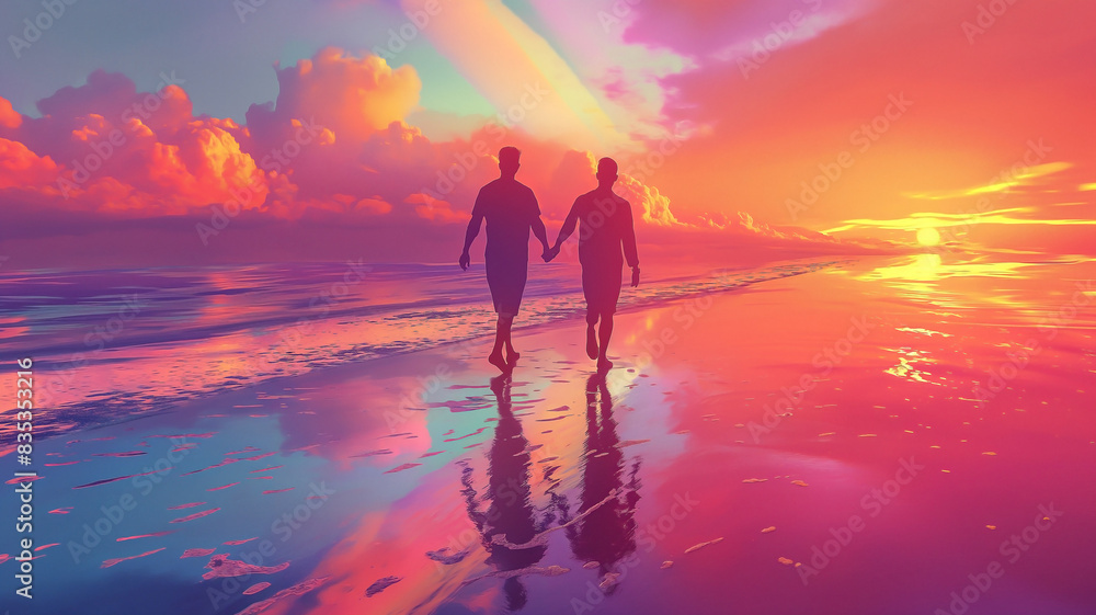 Fototapeta premium illustration of a close-up scene featuring two male LGBTQ+ couple walking together on a sunset beach, holding hands