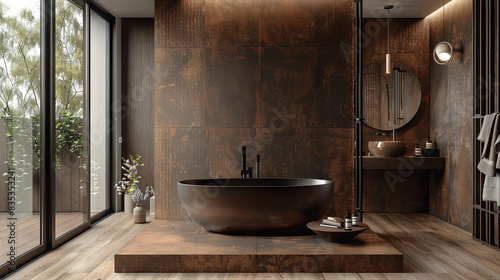 Luxurious brown bathroom with a large cozy bathtub