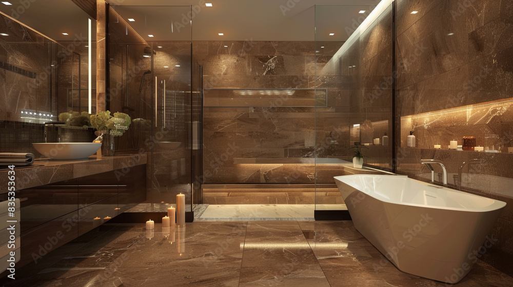 Luxurious bright red bathroom with a large cozy bathtub Luxurious bright red bathroom with a large cozy bathtub