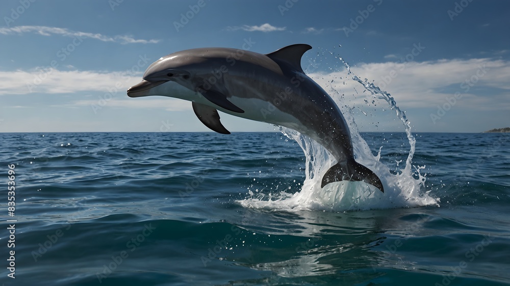 Fototapeta premium Beneath the azure waves, a playful dolphin leaps in graceful arcs, leaving shimmering trails of wonder in its wake ai_generated