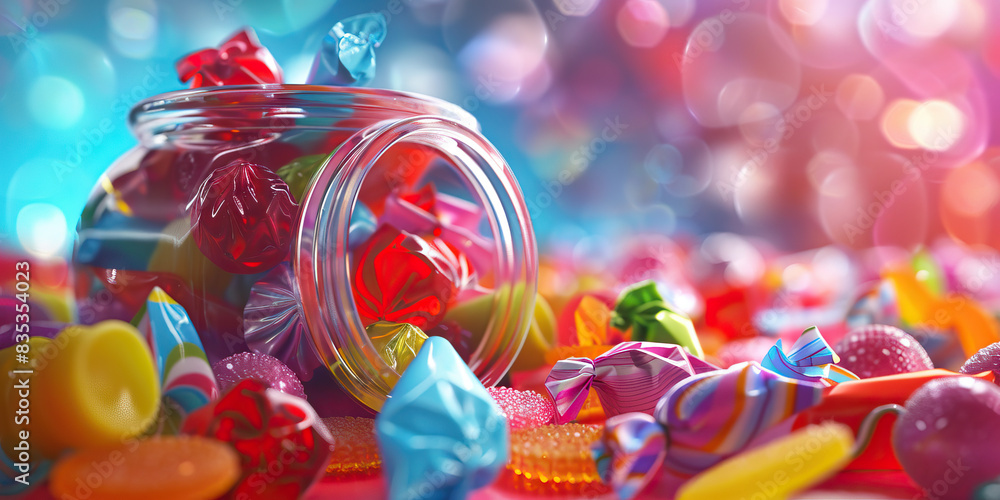 Sweet Tooth: A candy jar filled with colorful candies and wrapped sweet treats Sweet Tooth: A candy jar filled with colorful candies and wrapped sweet treats
