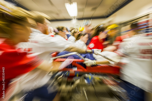 Bustling emergency room with medical staff working swiftly to provide urgent care to patients, illustrating teamwork, efficiency, and dedication in a crisis