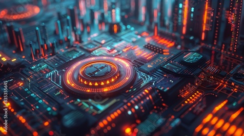Futuristic Circuit Board City: Neon Lights and Advanced Technology at Dusk