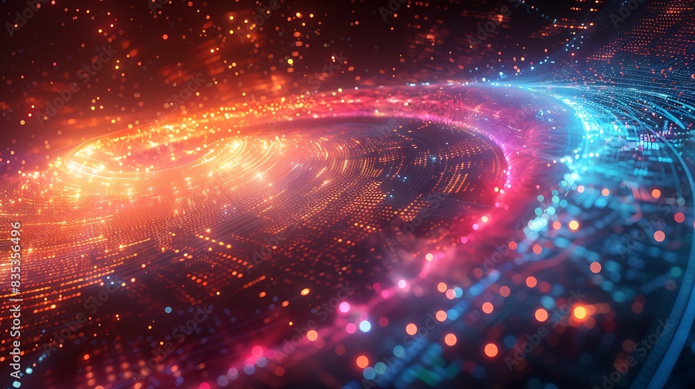 A vibrant illustration of qubits swirling in a quantum computer, with glowing rainbow-colored lights, set against a black background filled with mathematical equations and algorithms. A vibrant illustration of qubits swirling in a quantum computer, with glowing rainbow-colored lights, set against a black background filled with mathematical equations and algorithms.