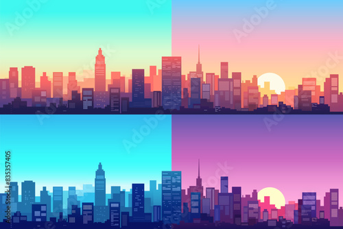 Cityscapes with tall skyscrapers, office buildings at different times of the day and year. Set of city business districts. Day, night, morning, evening. Sunrise and sunset in city. Vector illustration