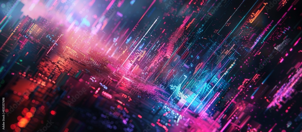 Fototapeta premium Abstract futuristic cityscape with neon lights and digital effects