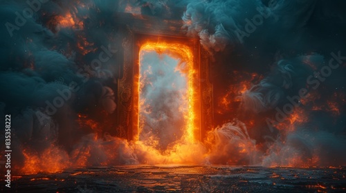The door is open in a dark room. A fantasy abstract magical background with a portal, glow, smoke, and smog can be seen. © DZMITRY
