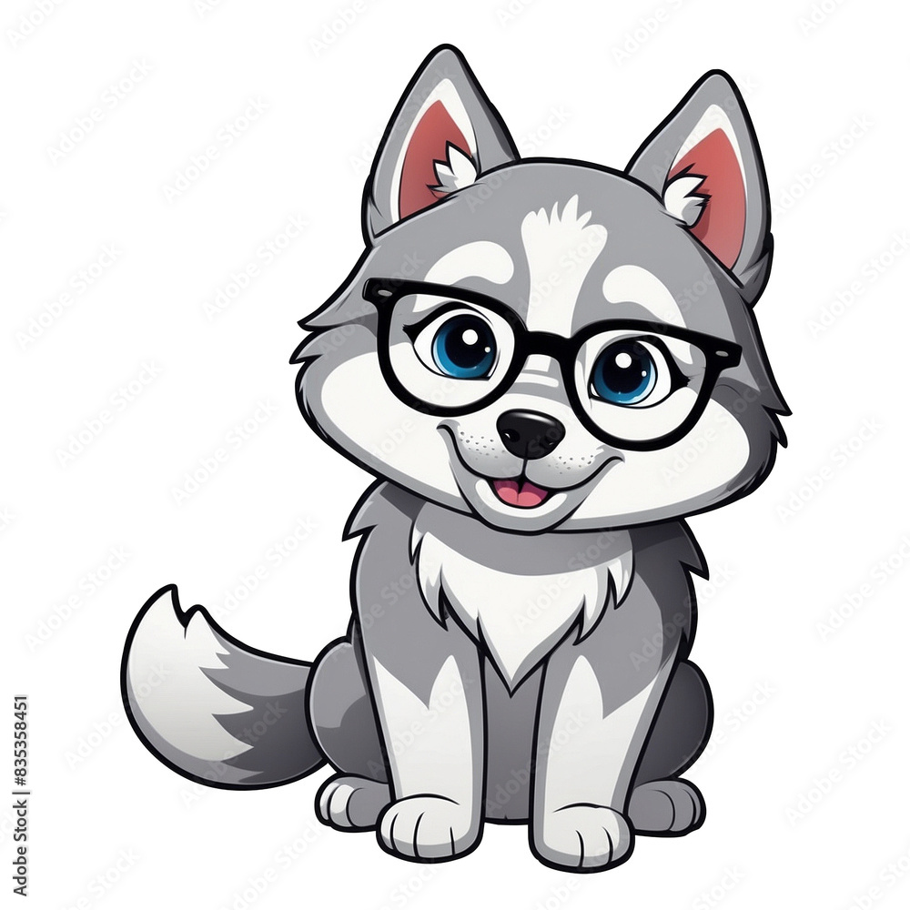 Cute Childish Kawaii Husky Dog Character Sticker with Glasses, Sitting with Head Tilted and Curious Look, Thick Black Outline, Generative AI. Cute Childish Kawaii Husky Dog Character Sticker with Glasses, Sitting with Head Tilted and Curious Look, Thick Black Outline, Generative AI.
