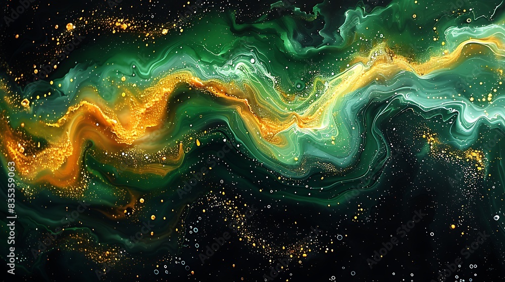 An abstract painting of silicon chip pathways, with pulsating electronic signals depicted as flowing waves of green and yellow, set against a black background embellished. An abstract painting of silicon chip pathways, with pulsating electronic signals depicted as flowing waves of green and yellow, set against a black background embellished.