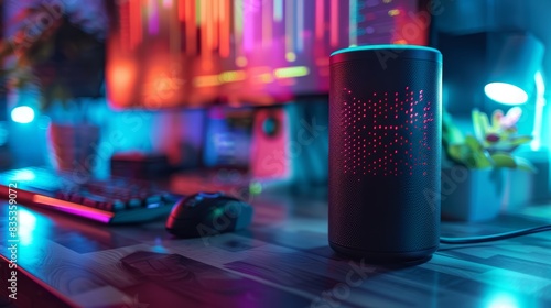 Smart speaker with LED lights on a wooden desk in a colorful gaming setup
