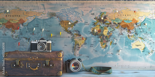 Fototapeta Naklejka Na Ścianę i Meble -  Vintage Travel Poster: A world map with pins marking different countries, a suitcase, and a vintage camera