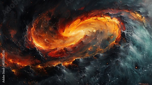 An abstract painting of the Virtual Vortex, featuring chaotic streams of red and orange data spiraling into a dark abyss, set against a black backdrop with subtle digital artifacts.