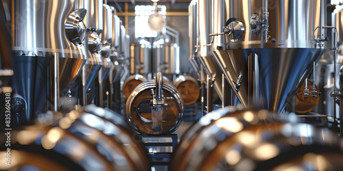 Brewing Excellence: A craft beer brewery with shiny stainless steel tanks, fermenters, and barrels, showcasing the art of brewing and the final product photo