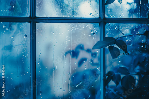 blue raindrops on window, melancholic