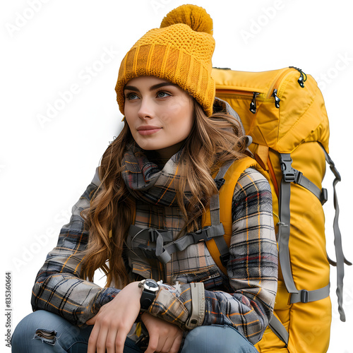 Woman traveler with yellow hiking backpack and hiking stiks enjoys the scenery. active lifestyle. wanderlust isolated on white background, space for captions, png
 photo