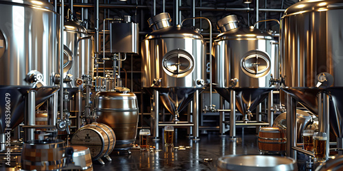 Brewing Excellence: A craft beer brewery with shiny stainless steel tanks, fermenters, and barrels, showcasing the art of brewing and the final product