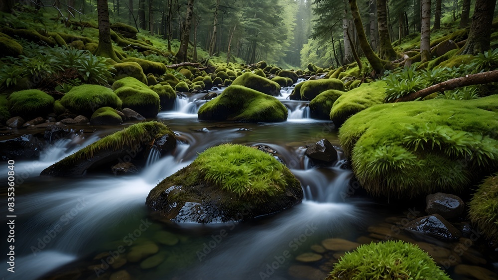 The tranquility of a mountain stream winding through moss-covered rocks ai_generated The tranquility of a mountain stream winding through moss-covered rocks ai_generated