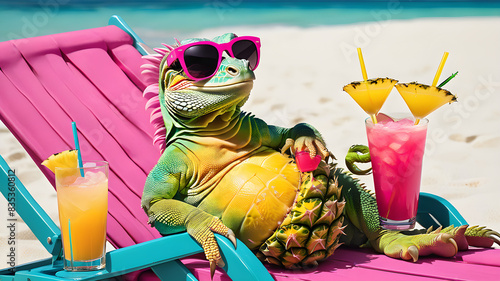 Colorful iguana or chameleon on the seashore sunbathing with glasses and hat drinking a pineapple cocktail photo