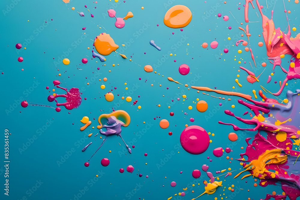 Fototapeta premium vibrant paint splatters symbolize creativity on blue backdrop. generative ai