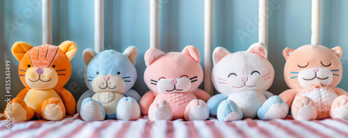 A row of five stuffed animals sit on a striped blanket