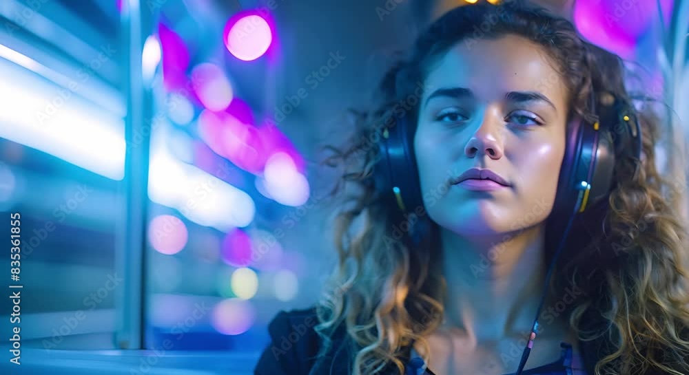 Contemplative young woman with curly hair wearing headphones on subway. Concept Portrait Photography, Lifestyle, Urban Environment, Headphones, Contemplation Contemplative young woman with curly hair wearing headphones on subway. Concept Portrait Photography, Lifestyle, Urban Environment, Headphones, Contemplation