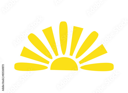 Simple yellow half sun handdrawn vector flat illustration with half-circle shape in middle, cute summer sunset, dawn image for logo, cards, decor, vacation concept, holiday, summertime kids design