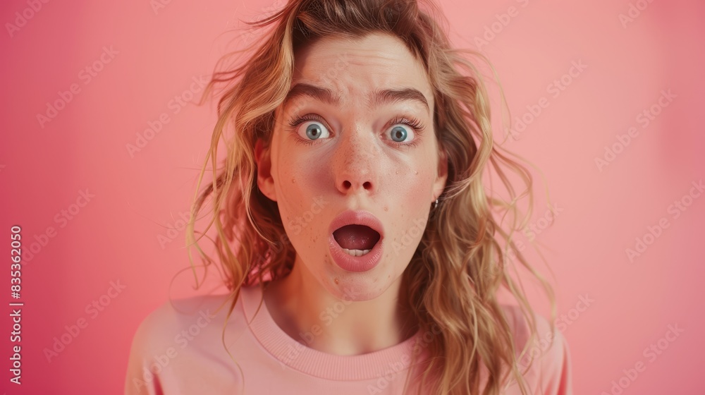 Surprised young woman with open mouth against a pink background. Expressive portrait concept.
