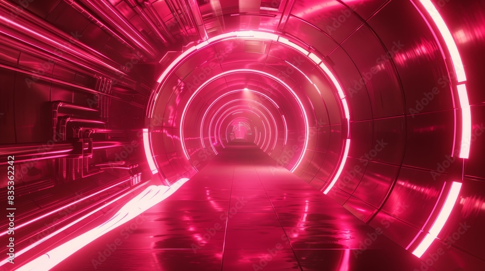 Futuristic tunnel with a series of concentric circles, illuminated by pink and white neon lights Futuristic tunnel with a series of concentric circles, illuminated by pink and white neon lights