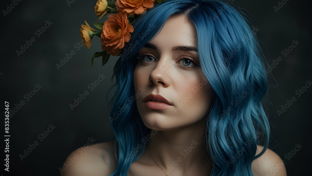 Naklejka premium A portrait of a woman with blue hair and flowers, showcasing a striking blend of vibrant hues and floral elegance, capturing unique beauty.