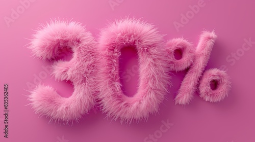 Stylized representation of the number  30  followed by a percentage symbol      all rendered in a fluffy  pink fabric material against a solid pink background