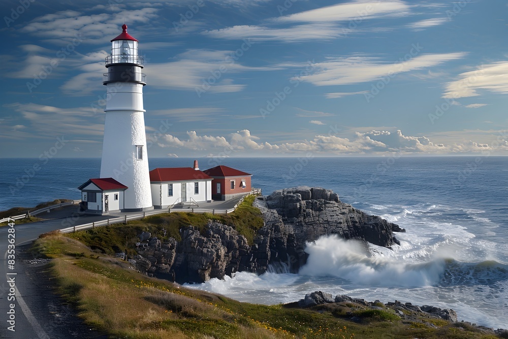 Majestic Lighthouse on Rugged Seaside Cliff Overlooking Stormy Ocean Horizon