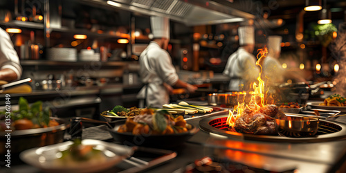 Savory Delights: A bustling restaurant kitchen with chefs preparing mouthwatering dishes on an open flame, inviting patrons to experience the flavors photo
