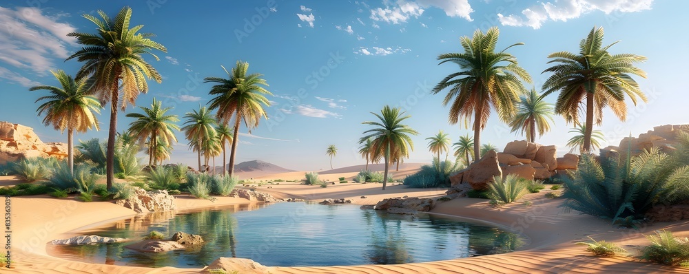 Fototapeta premium A Lush Oasis Offering Tranquil Respite in the Heart of the Desert Vibrant Palms and Serene Pond Providing a Stunning Contrast to the Surrounding Sands