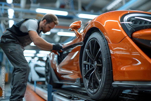 Professional Mechanic Inspecting and Servicing Orange High Performance Sports Car in Automotive Workshop